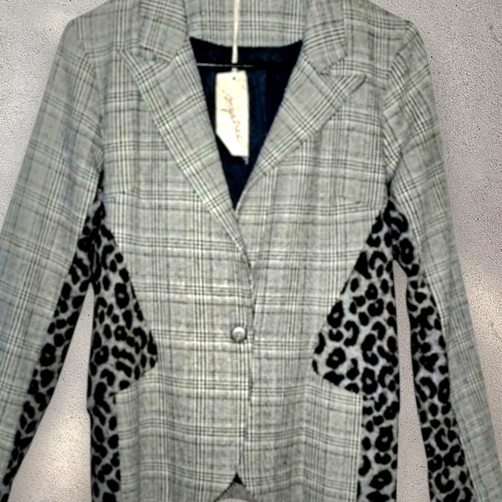 Mystree Mixed Plaid Blazer Womens NWT Leopard Print, Large